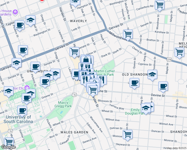 map of restaurants, bars, coffee shops, grocery stores, and more near 806 Pavillion Avenue in Columbia