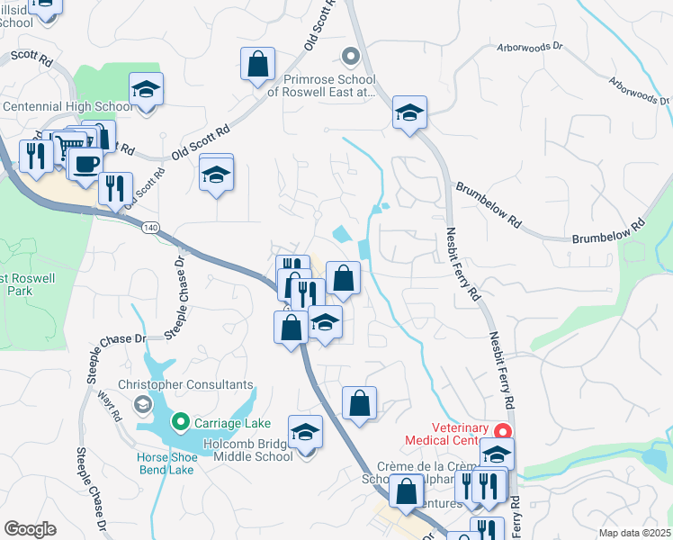 map of restaurants, bars, coffee shops, grocery stores, and more near 2600 Holcomb Bridge Road in Alpharetta