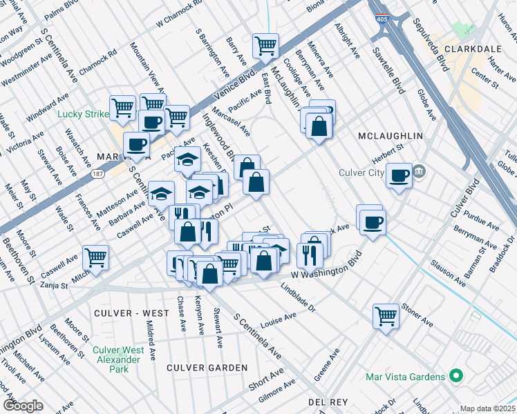 map of restaurants, bars, coffee shops, grocery stores, and more near 12012 Lamanda Street in Los Angeles
