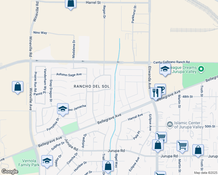 map of restaurants, bars, coffee shops, grocery stores, and more near 4775 Wanamaker Dr in Jurupa Valley