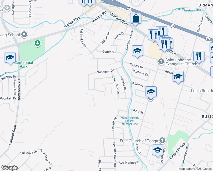 map of restaurants, bars, coffee shops, grocery stores, and more near 4136 Canyonside Circle in Riverside