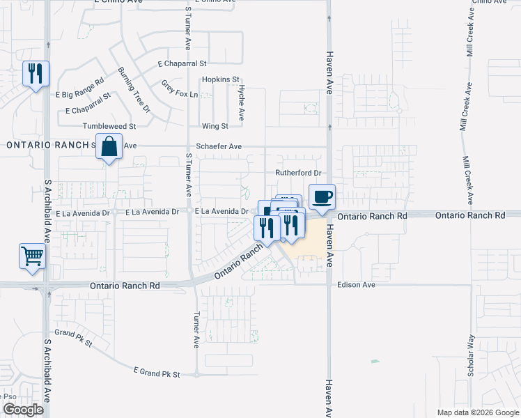 map of restaurants, bars, coffee shops, grocery stores, and more near 4040 New Haven Drive in Ontario