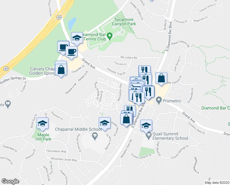 map of restaurants, bars, coffee shops, grocery stores, and more near 22944 Estoril Drive in Diamond Bar
