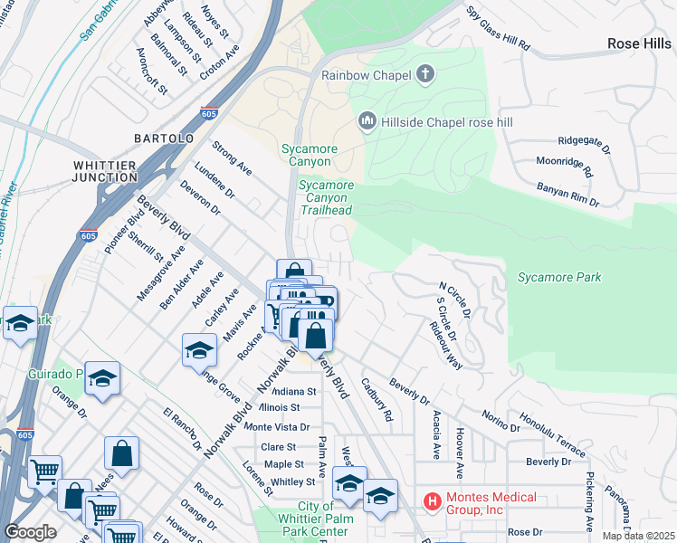 map of restaurants, bars, coffee shops, grocery stores, and more near 5248 Javalambre Drive in Whittier