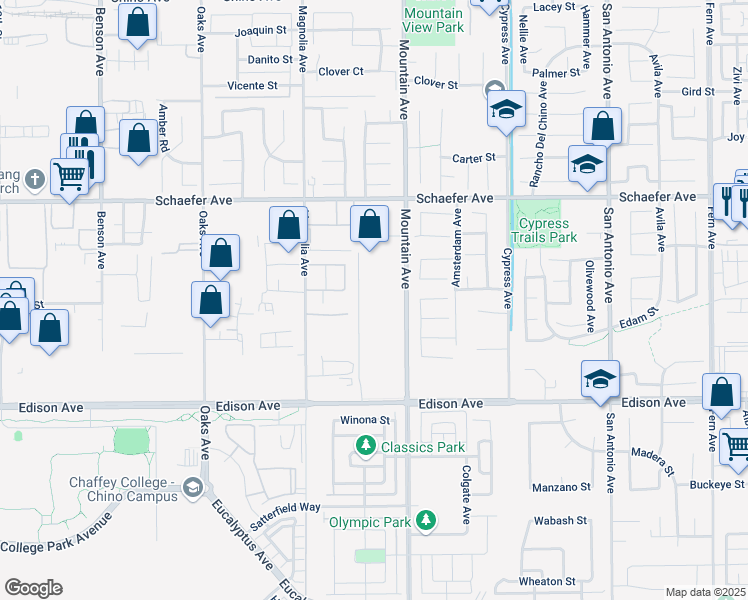 map of restaurants, bars, coffee shops, grocery stores, and more near 13950 Mountain Avenue in Chino