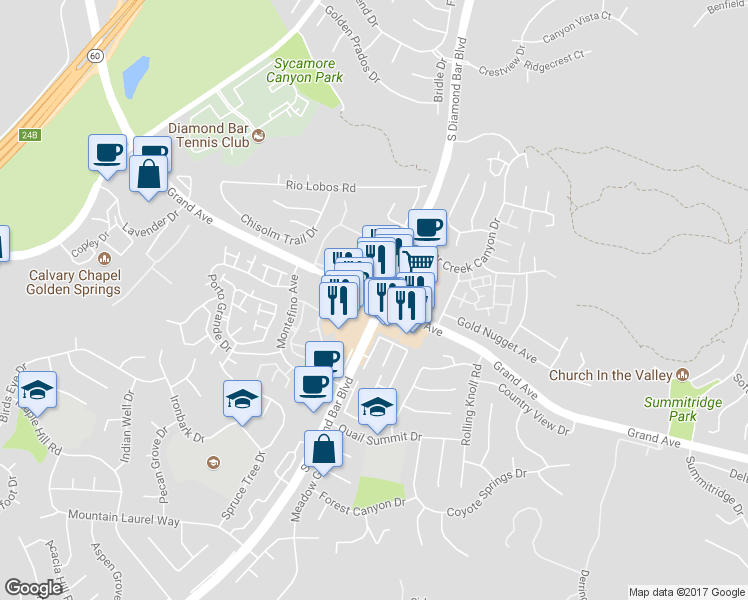 map of restaurants, bars, coffee shops, grocery stores, and more near 1155 Grand Avenue in Diamond Bar