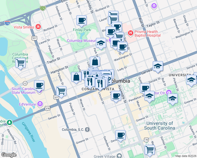 map of restaurants, bars, coffee shops, grocery stores, and more near 1221 Lincoln Street in Columbia