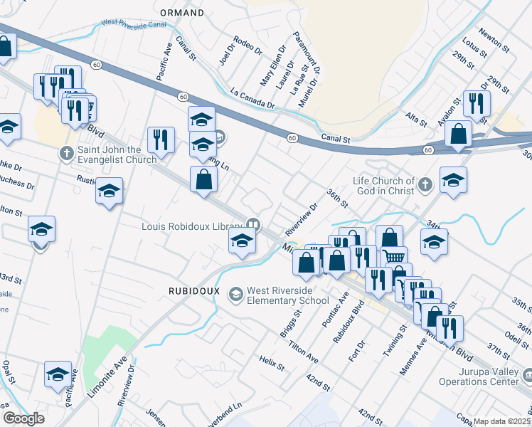 map of restaurants, bars, coffee shops, grocery stores, and more near 5834 Mission Boulevard in Riverside