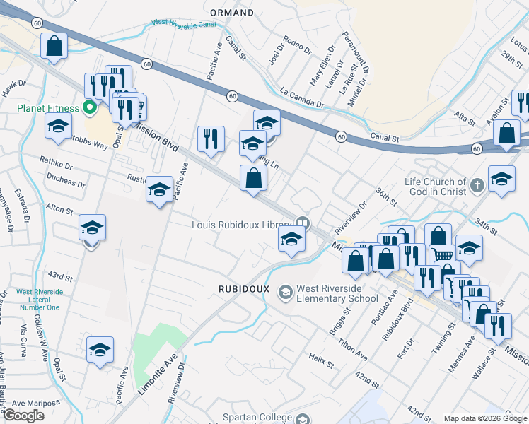 map of restaurants, bars, coffee shops, grocery stores, and more near 5920 Mission Boulevard in Riverside