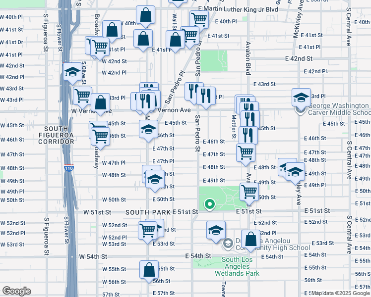 map of restaurants, bars, coffee shops, grocery stores, and more near 289 East 47th Place in Los Angeles
