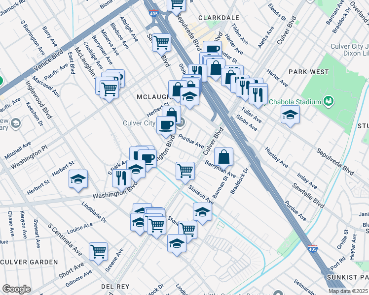 map of restaurants, bars, coffee shops, grocery stores, and more near 4361 Berryman Avenue in Los Angeles