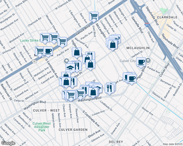 map of restaurants, bars, coffee shops, grocery stores, and more near 12012 Lamanda Street in Los Angeles