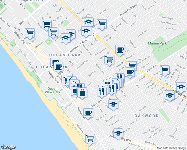 map of restaurants, bars, coffee shops, grocery stores, and more near 4 Marine Street in Santa Monica