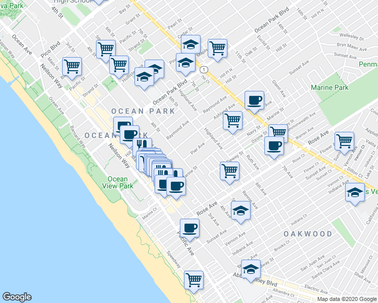 map of restaurants, bars, coffee shops, grocery stores, and more near in Santa Monica