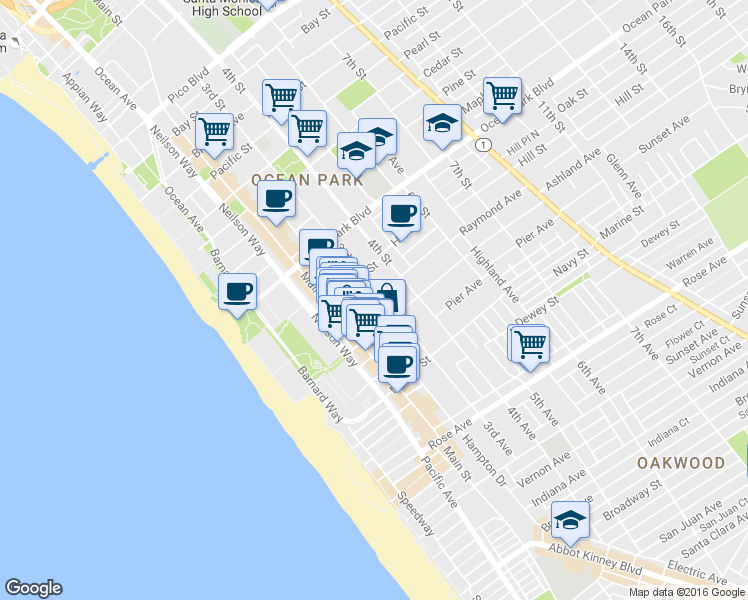map of restaurants, bars, coffee shops, grocery stores, and more near 2823 2nd Street in Santa Monica