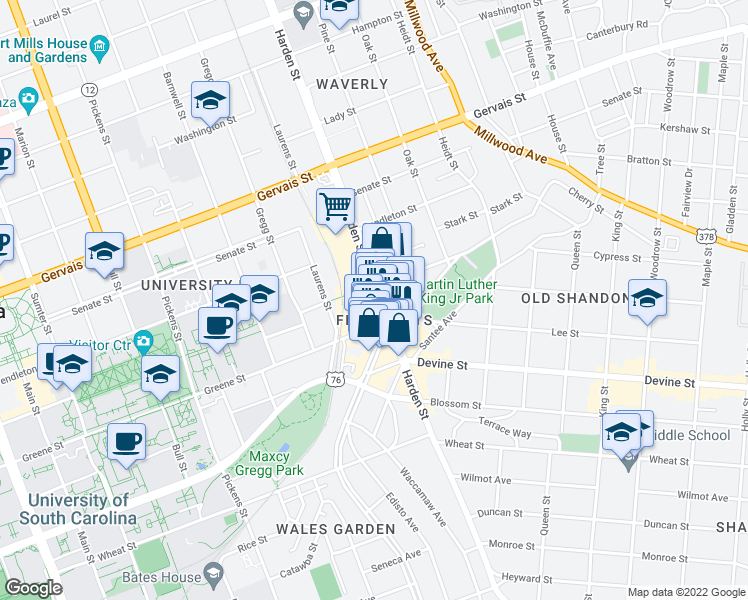 map of restaurants, bars, coffee shops, grocery stores, and more near 802 Harden Street in Columbia
