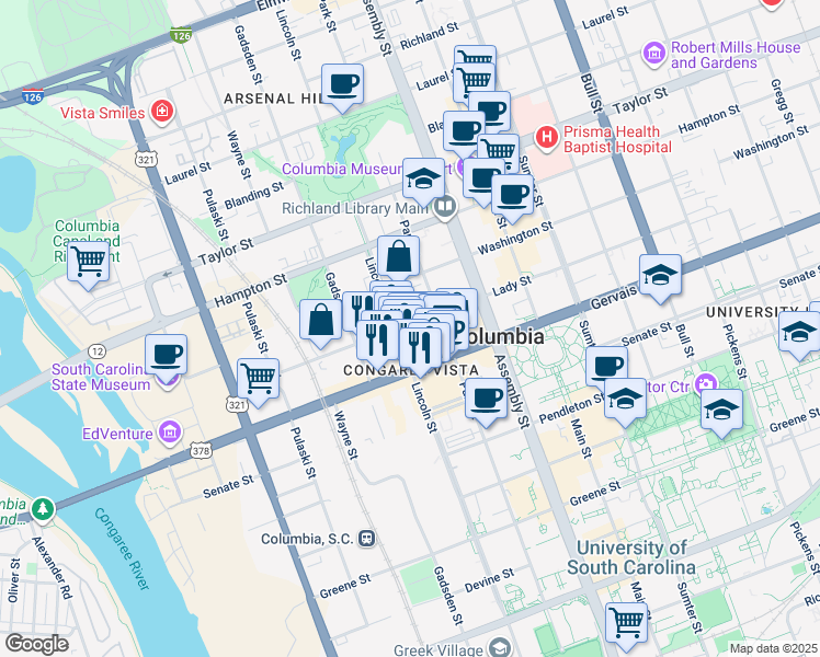 map of restaurants, bars, coffee shops, grocery stores, and more near 1221 Lincoln Street in Columbia