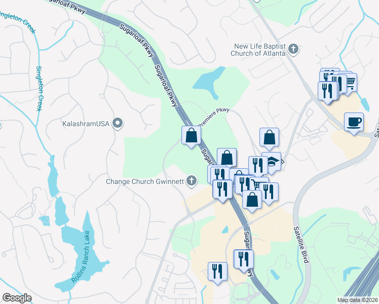 map of restaurants, bars, coffee shops, grocery stores, and more near 6650 Sugarloaf Parkway in Duluth