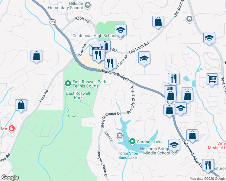 map of restaurants, bars, coffee shops, grocery stores, and more near 9060 Twelvestones Drive in Roswell