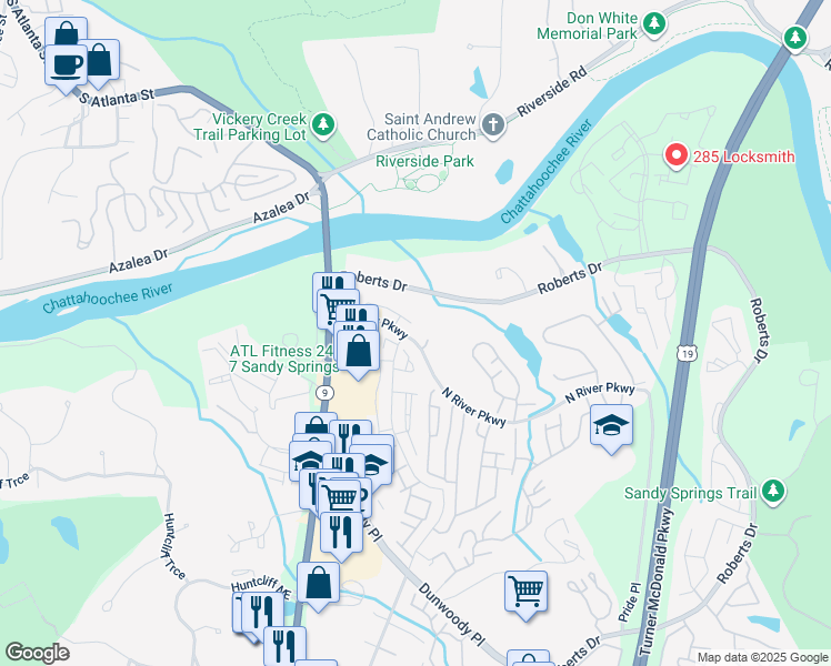 map of restaurants, bars, coffee shops, grocery stores, and more near 8845 North River Parkway in Atlanta