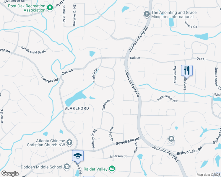 map of restaurants, bars, coffee shops, grocery stores, and more near 2026 Clinton Drive in Marietta