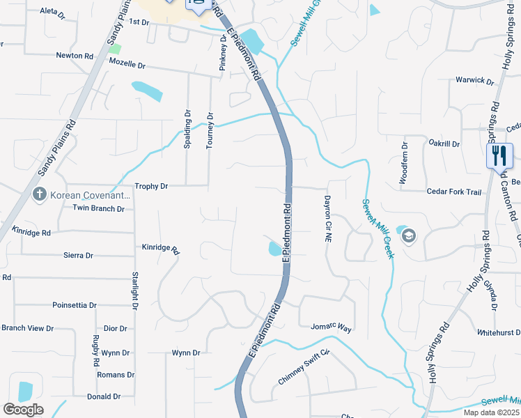 map of restaurants, bars, coffee shops, grocery stores, and more near 2051 East Piedmont Road in Marietta