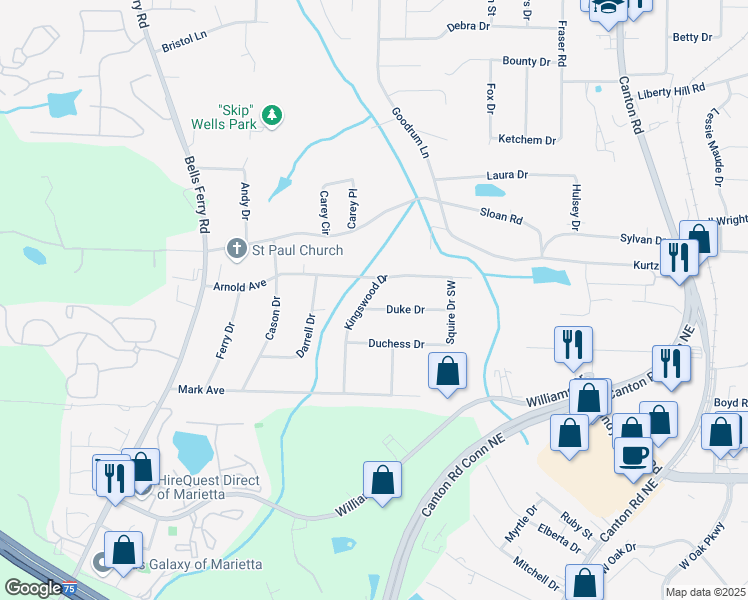 map of restaurants, bars, coffee shops, grocery stores, and more near 463 Duke Drive in Marietta