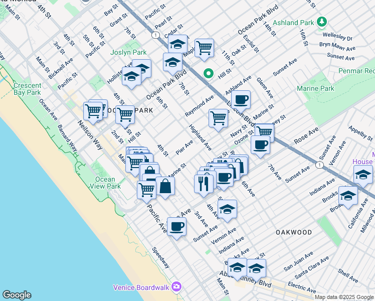 map of restaurants, bars, coffee shops, grocery stores, and more near 4 Marine Street in Santa Monica