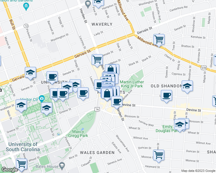 map of restaurants, bars, coffee shops, grocery stores, and more near in Columbia