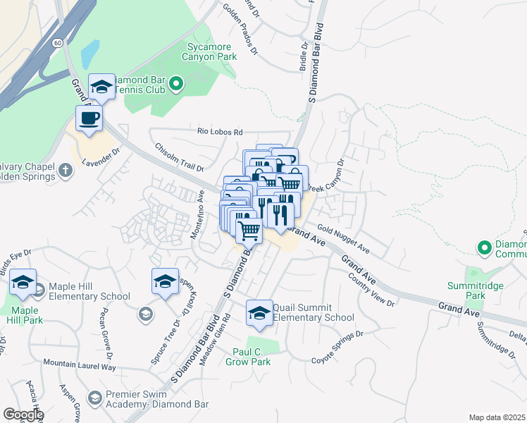 map of restaurants, bars, coffee shops, grocery stores, and more near Grand Avenue in Diamond Bar
