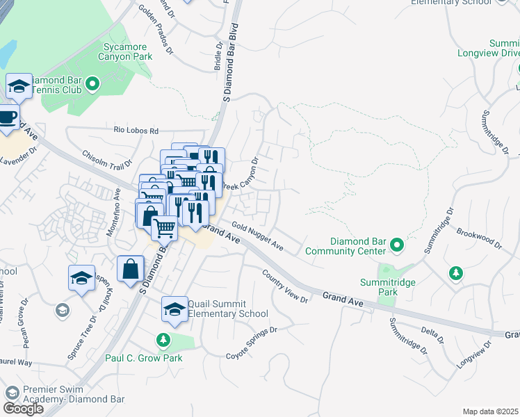 map of restaurants, bars, coffee shops, grocery stores, and more near 23630 Monument Canyon Drive in Diamond Bar