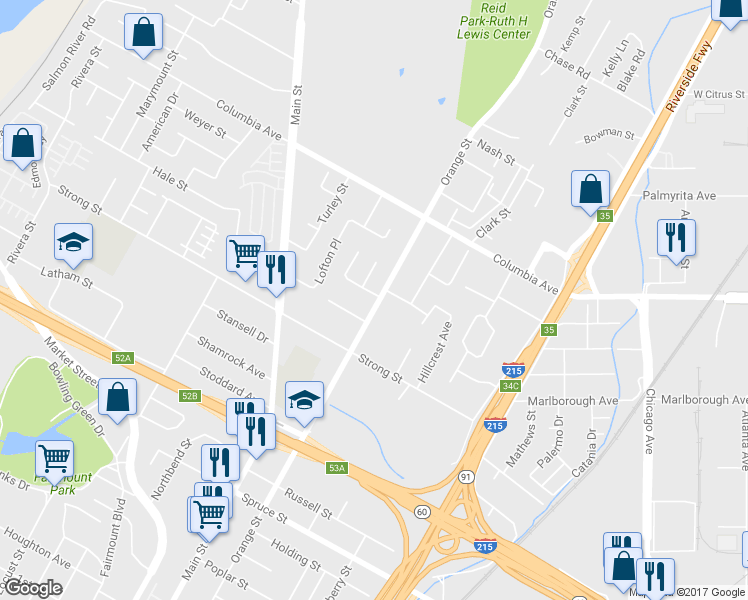 map of restaurants, bars, coffee shops, grocery stores, and more near 3608 Post Street in Riverside
