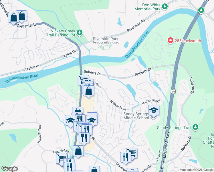 map of restaurants, bars, coffee shops, grocery stores, and more near 8845 North River Parkway in Atlanta