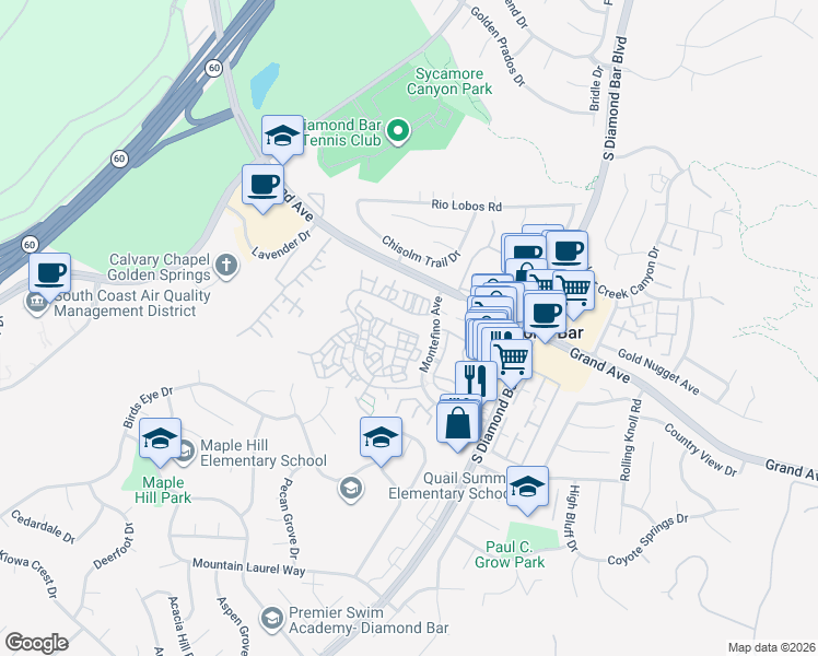 map of restaurants, bars, coffee shops, grocery stores, and more near 22944 Estoril Drive in Diamond Bar