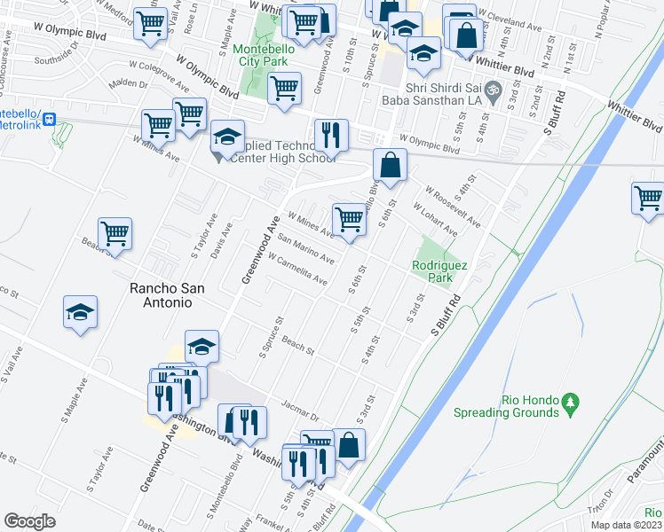 map of restaurants, bars, coffee shops, grocery stores, and more near 627 South Montebello Boulevard in Montebello