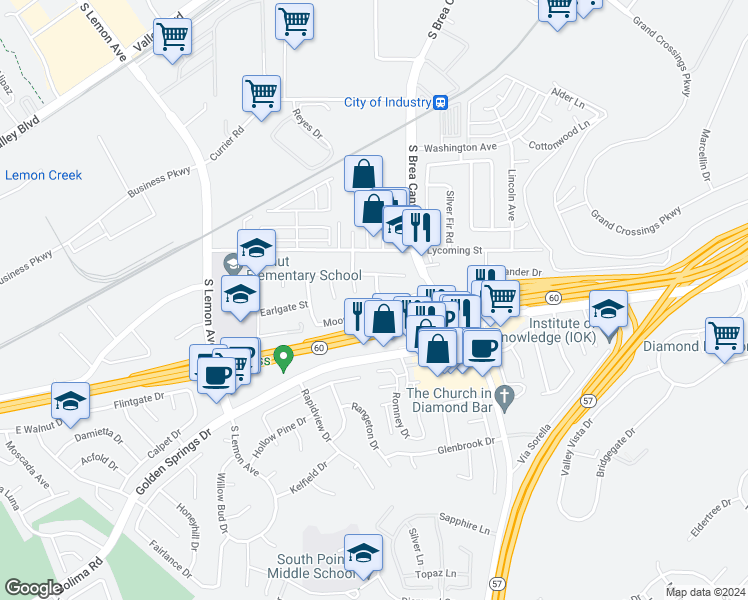 map of restaurants, bars, coffee shops, grocery stores, and more near 861 Pinefalls Avenue in Walnut