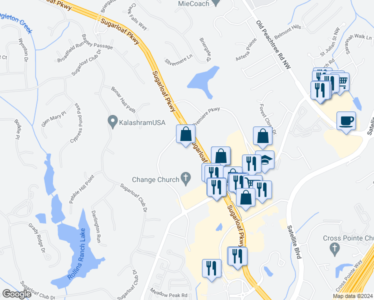 map of restaurants, bars, coffee shops, grocery stores, and more near 6650 Sugarloaf Parkway in Duluth