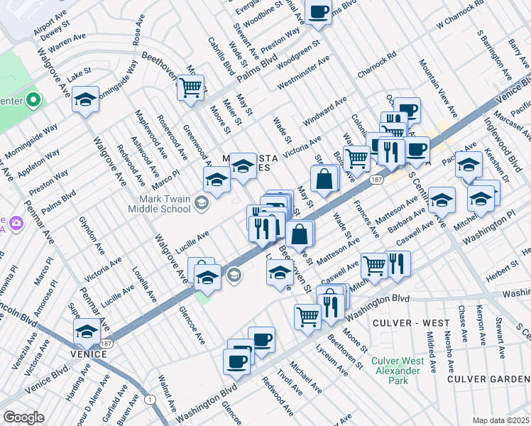 map of restaurants, bars, coffee shops, grocery stores, and more near 3760 Beethoven Street in Los Angeles