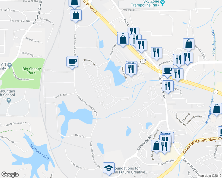 map of restaurants, bars, coffee shops, grocery stores, and more near 1920 Lakeshore Overlook Circle Northwest in Kennesaw