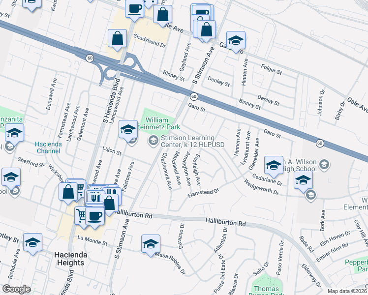 map of restaurants, bars, coffee shops, grocery stores, and more near 1632 Armington Avenue in Hacienda Heights