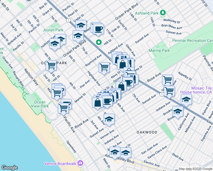 map of restaurants, bars, coffee shops, grocery stores, and more near 649 Ozone Street in Santa Monica