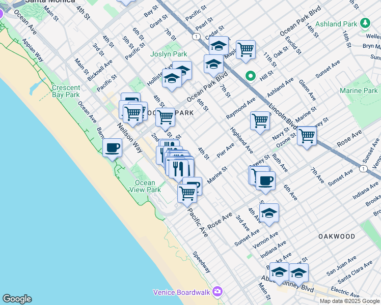 map of restaurants, bars, coffee shops, grocery stores, and more near 2817 3rd Street in Santa Monica