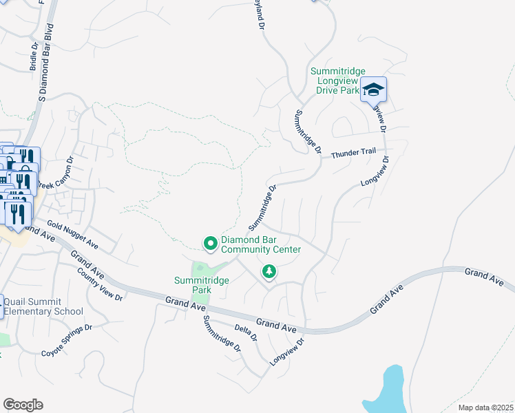 map of restaurants, bars, coffee shops, grocery stores, and more near 1135 Summitridge Drive in Diamond Bar