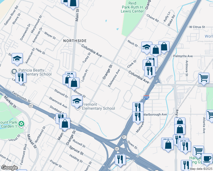 map of restaurants, bars, coffee shops, grocery stores, and more near 3539 Castaic Street in Riverside