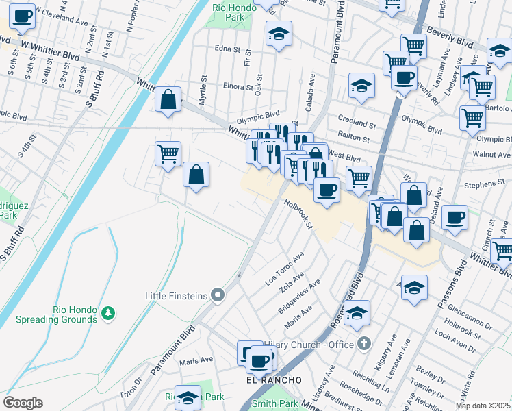 map of restaurants, bars, coffee shops, grocery stores, and more near 5214 Paramount Boulevard in Pico Rivera