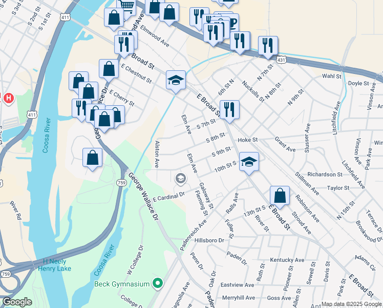 map of restaurants, bars, coffee shops, grocery stores, and more near 804 Elm Avenue in Gadsden