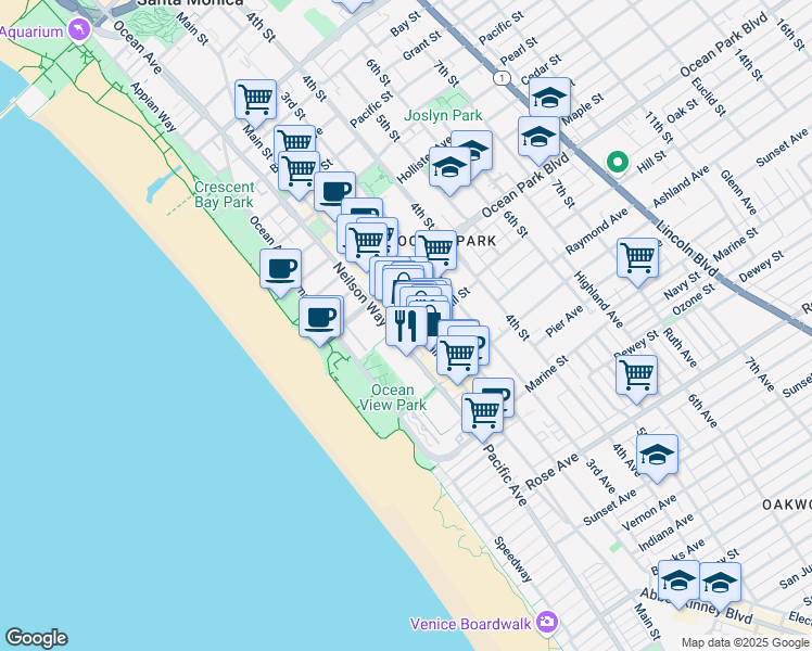 map of restaurants, bars, coffee shops, grocery stores, and more near 270 Neilson Way in Santa Monica