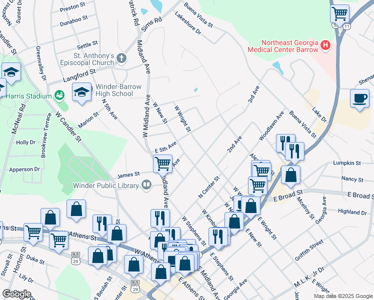 map of restaurants, bars, coffee shops, grocery stores, and more near 111 West New Street in Winder