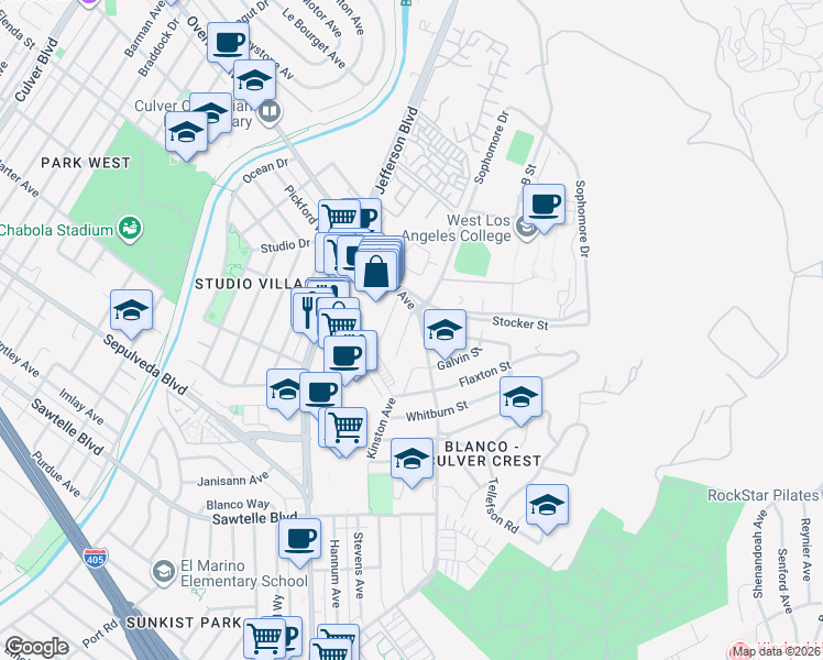 map of restaurants, bars, coffee shops, grocery stores, and more near 10780 Clarmon Place in Culver City