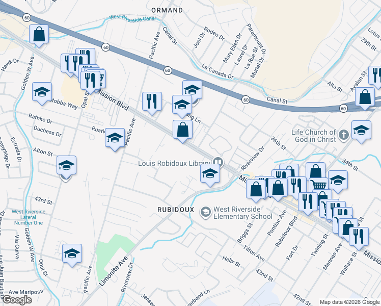 map of restaurants, bars, coffee shops, grocery stores, and more near in Jurupa Valley